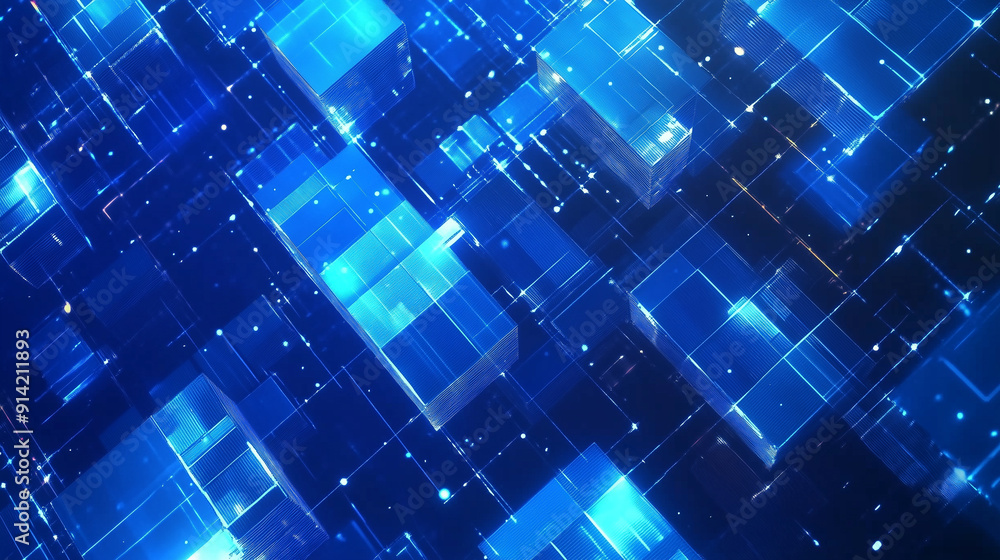 Poster abstract blue background featuring glowing digital squares, representing the flow of digital data an