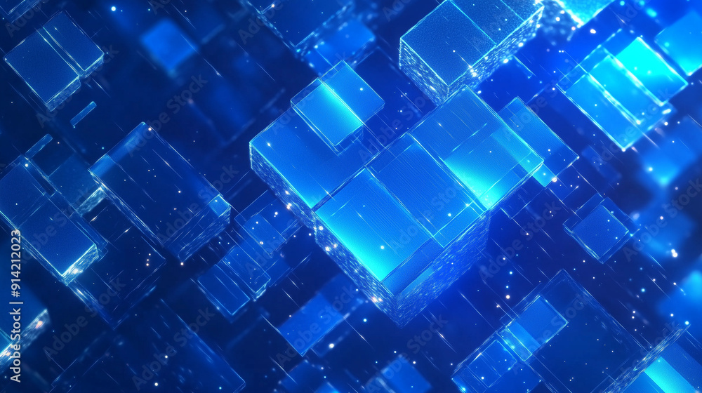 Aufkleber Abstract blue background featuring glowing digital squares, representing the flow of digital data and information in the cyber space world. This futuristic geometric pattern embodies the essence of co