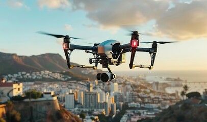 Drone Flying Over Cityscape with Mountains