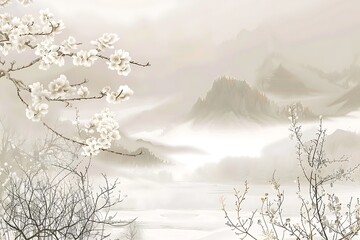 Chinese style painting of mountains and a lake with trees in the foreground. The mood of the painting is serene and peaceful