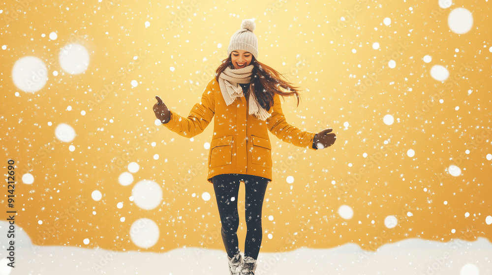 Wall mural Happy winter fun woman throwing snow in park