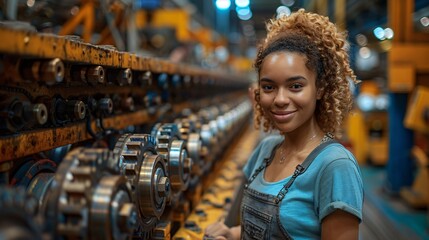 A young engineer stands confidently near machinery in a busy manufacturing plant, showcasing dedication and expertise