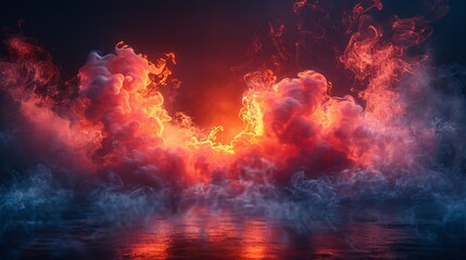 Fototapeta premium A vivid sunset casts bright colors across the sky, with swirling clouds and mist reflecting on tranquil waters below