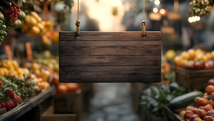 A wooden sign hangs in a vibrant market filled with fresh fruits and vegetables, perfect for showcasing products or advertisements.