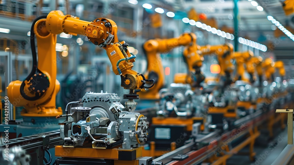 Poster robots and engineers in a pristine aircraft manufacturing facility, assembling engines with remarkab