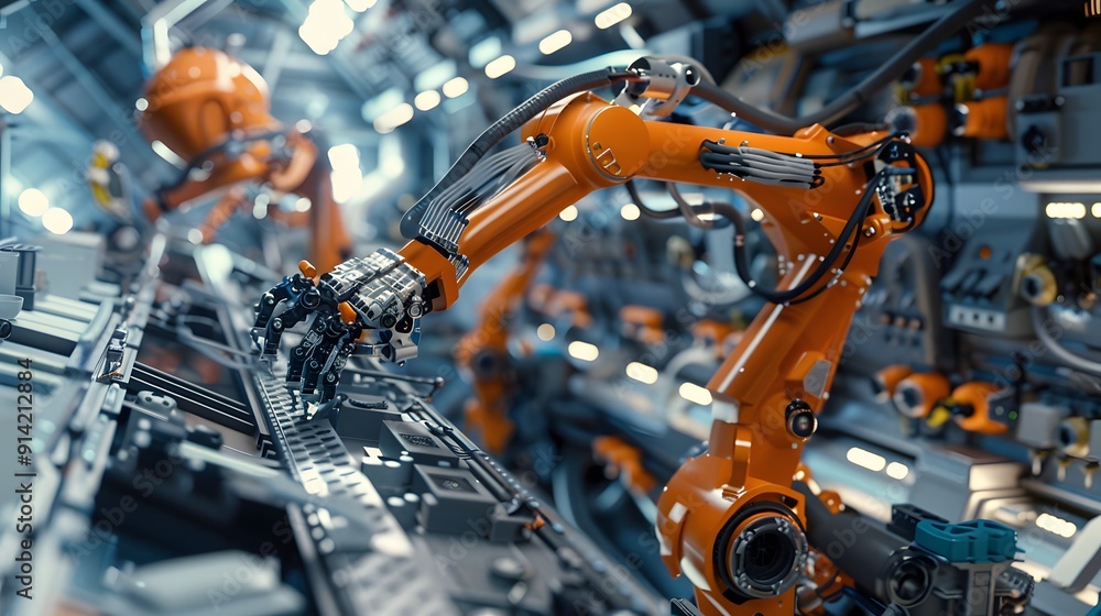 Poster robots and engineers in a pristine aircraft manufacturing facility, assembling engines with remarkab