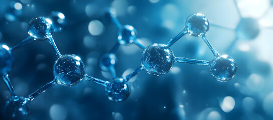 Abstract molecular structure in blue tones, showcasing connections and reflections in a scientific background.