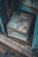 Obraz premium Vintage book found in the corner of a dilapidated room, surrounded by decay and neglect.