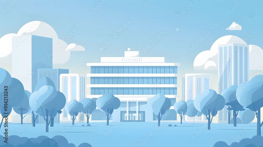Poster a large building with a green roof and a large glass facade. the building is surrounded by trees and