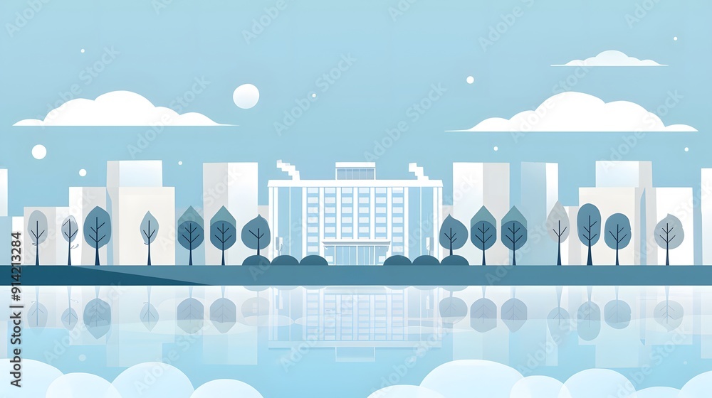Poster a large building with a green roof and a large glass facade. the building is surrounded by trees and