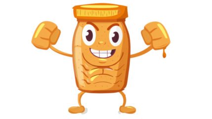 Cartoon character jar of peanut butter with muscles on transparent background