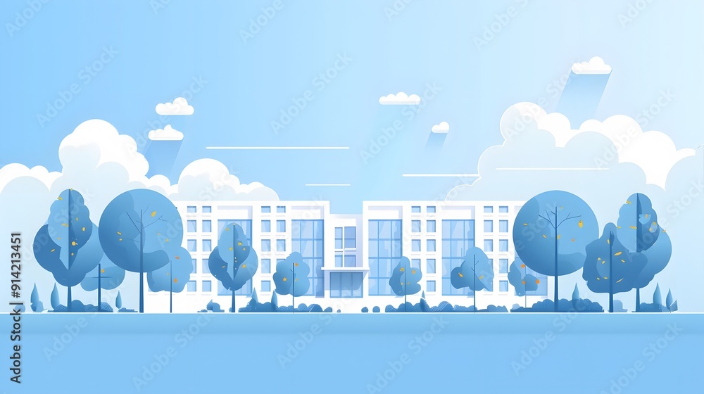 Poster a large building with a green roof and a large glass facade. the building is surrounded by trees and