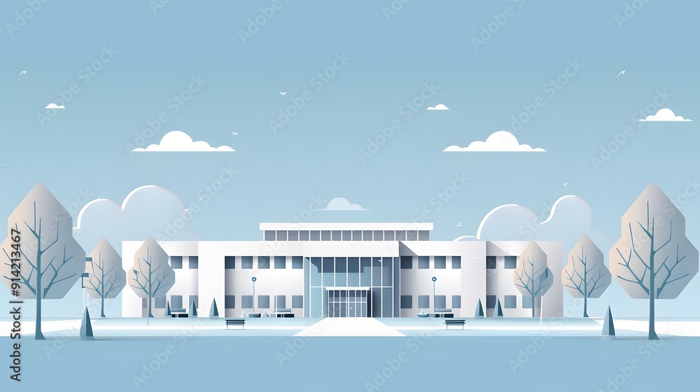 Poster a large building with a green roof and a large glass facade. the building is surrounded by trees and