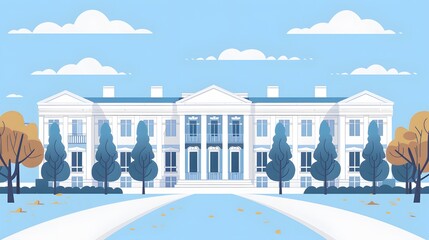 Minimalistic flat design of a classic government building surrounded by subtle trees and gentle clouds on a serene light blue background