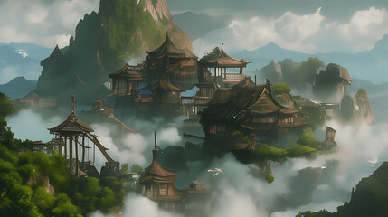 Mystical Cliffside Village with Floating Houses