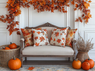 Cozy autumn living room.featuring a sofa adorned with fall-colored pillows, a basket of pumpkins, and a garland of autumn leaves