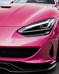 Close-up of a pink sports car's front end, showcasing the sleek design of the headlight and grille.