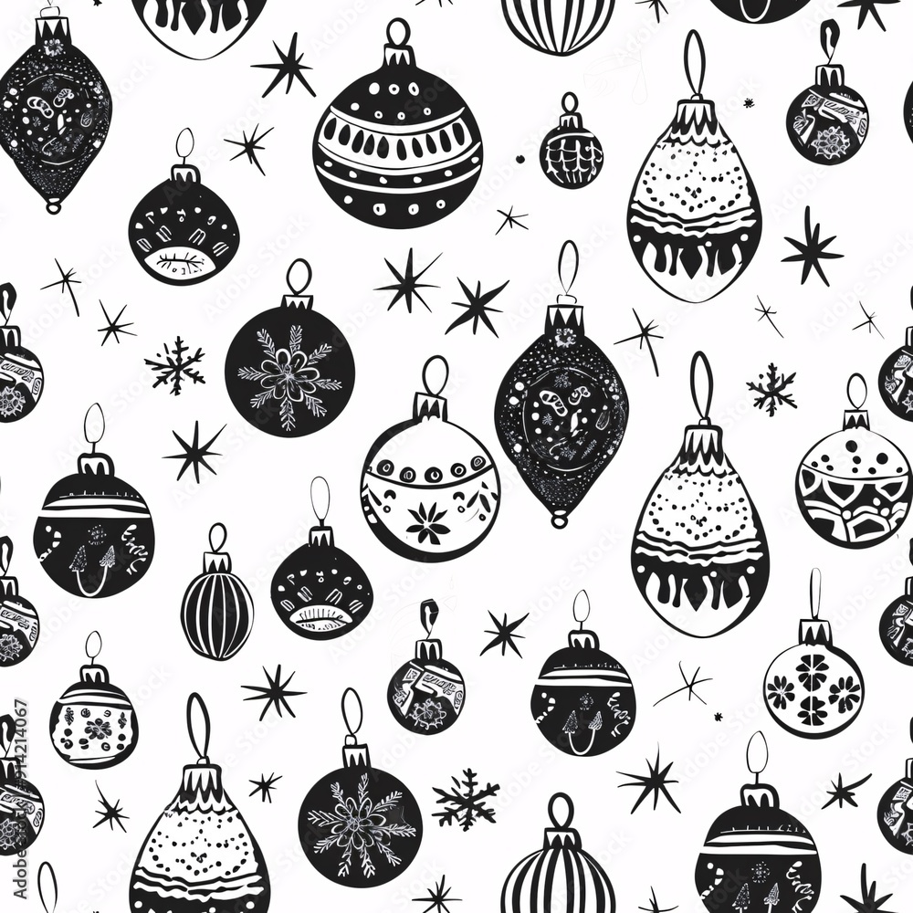 Poster a seamless pattern with christmas ornaments and wrapping paper in monochrome, creating a chic and so
