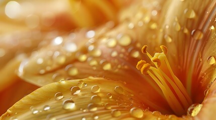 Delicate Oil Droplets on Vibrant Flower Petals in Close Up View Creating a Beautiful Natural Artwork