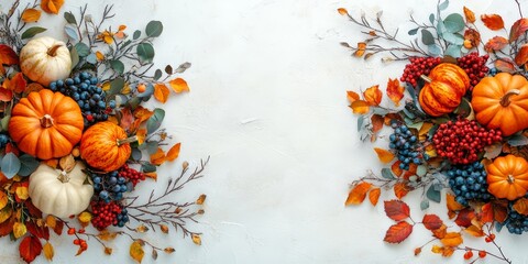 Festive Autumn Decor with Pumpkins, Berries, and Leaves