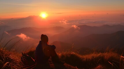 Obraz premium Silhouette of a Hiker Watching the Sunset Over Mountains