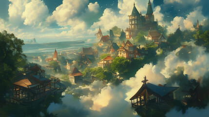 Dreamy Cliffside Village Amidst Clouds