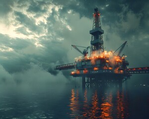 Dramatic Offshore Oil Platform Set Against Stormy Sky with Cranes and Machinery