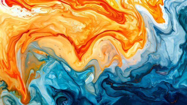 Abstract fluid art with vibrant orange, yellow, and blue swirls