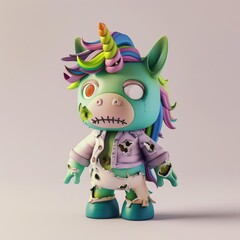 Naklejka premium A 3D, cute, colorful unicorn in a zombie costume, with green skin and torn clothes