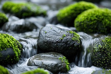 Close-up of moss-covered rocks with water flowing around them, capturing a serene and natural landscape scene.