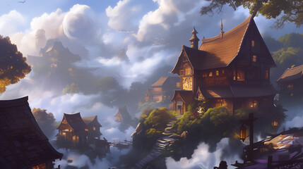 Foggy Mountain Village with Illuminated Traditional Houses