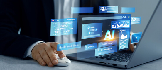 Person using laptop with Ai Content Generator. Interaction with the Ai assistant to solve some...