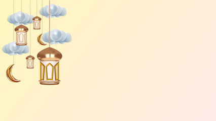 Islamic background featuring hanging lanterns and clouds against a gentle pastel backdrop
