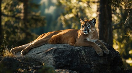 A solitary mountain lion lying on a rock in the forest, with trees and shadows around.