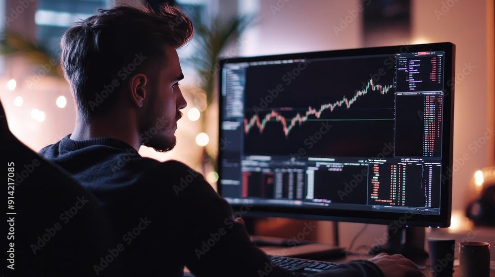 Poster man examining forex chart on computer screen in his office workspace for analysis