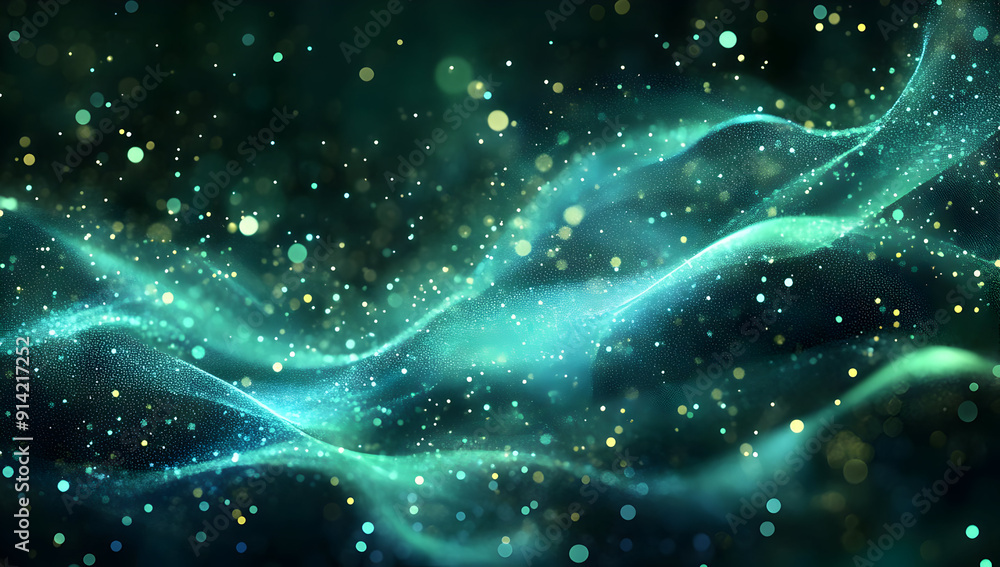 Aufkleber elegant abstract background with flowing waves and sparkling bokeh lights in soothing teal and green