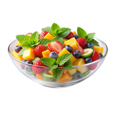 A bowl of fruit salad with strawberries, blueberries, and mangoes. The bowl is clear and filled with a variety of fruits