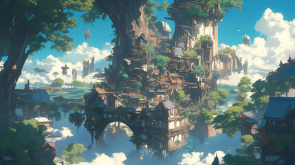 Enchanted Treehouse Village Amidst Floating Islands