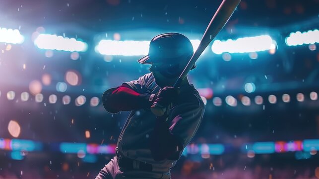 A baseball player stands at bat, ready to swing, in a stadium lit by bright lights.  The stadium is full of fans, ready to cheer on their team.