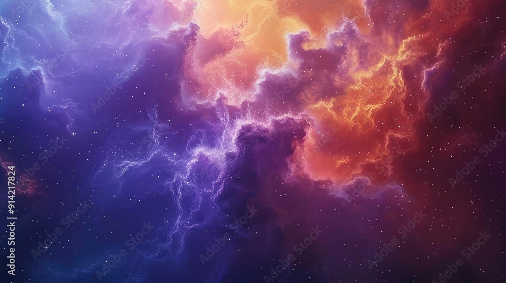 Poster a vivid cosmic scene featuring swirling clouds of color, illuminated by flashes of ethereal lightnin