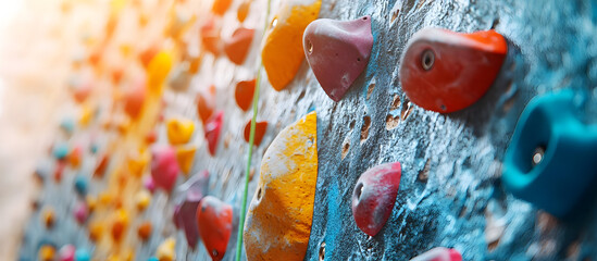 Vibrant climbing wall with colorful holds, perfect for fitness enthusiasts and adventurers seeking exhilarating challenges.