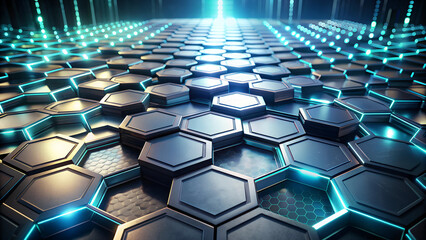 Obraz premium Futuristic, high-tech dark background with a hexagonal grid structure. Wall texture with a 3D honeycomb tile pattern. 3D render. Abstract background. sci-fi