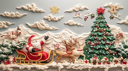 Mural wallpaper with a 3D clay relief of Santa Claus, sleigh, reindeer, and a festive Christmas tree