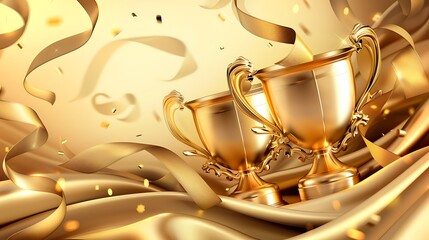 Gold trophies cup on the silk ribbons background
