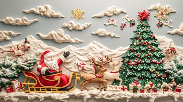 Mural wallpaper with a 3D clay relief of Santa Claus, sleigh, reindeer, and a festive Christmas tree