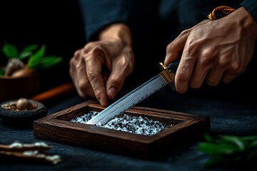 Fototapeta premium An artisan craftsman sharpening a knife on a whetstone in low light, emphasizing focused skill and precision with natural materials.