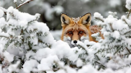 Obraz premium Red Fox Peeking Through Snowy Branches