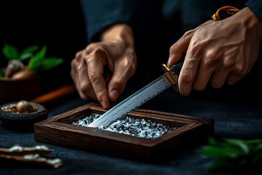 An artisan craftsman sharpening a knife on a whetstone in low light, emphasizing focused skill and precision with natural materials.