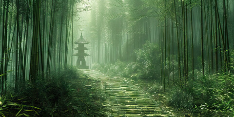 Obraz premium Bamboo Grove Serenity: A bamboo forest scene with a worn stone path leading to a small pagoda.