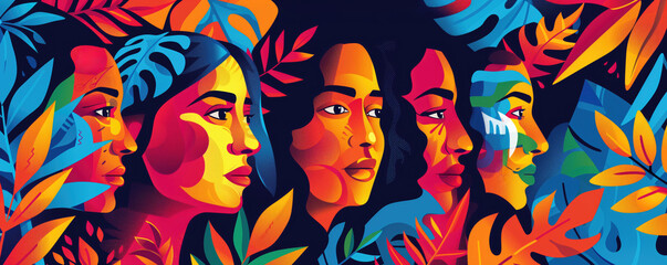 Colorful abstract illustration of diverse women's faces surrounded by vibrant foliage. Concepts of diversity, empowerment, and artistic expression.